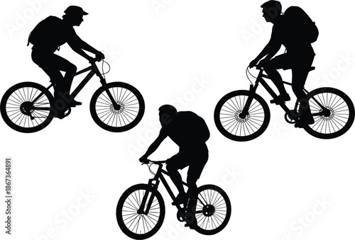 Mountain biker silhouette vector set, male cyclists with backpacks riding bicycles for outdoor adventure sport design