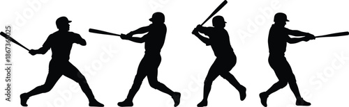 Baseball player silhouettes swinging bat in dynamic action poses, showcasing power, timing, athletic performance, professional sports training, competitive gameplay, and classic team sport concept