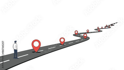 Person looking at a winding road with red location pins, representing a journey and its destinations.