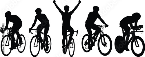 Cyclist silhouettes in road and mountain biking poses, showing endurance, victory, speed, fitness training, outdoor adventure, competitive cycling, and active lifestyle sport concept