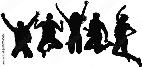 Jumping people silhouette vector set, happy group of friends leaping for success and celebration concept design