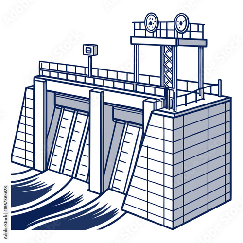 Modern Flood Prevention Barrier Graphic, Urban Infrastructure Icon for Climate Resilience and Safety