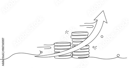 Line art: stacked coins and upward arrow indicating financial growth, no editable stroke