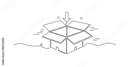 Open cardboard box outline with arrow and abstract design elements, no editable stroke