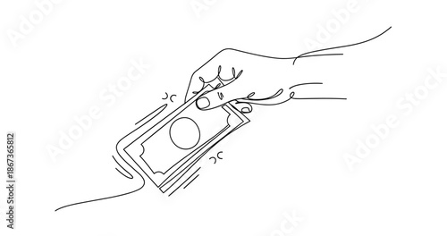 Hand holding bill: minimalist illustration of money transaction, no editable stroke