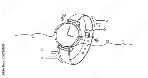 Minimalist line art of a sleek wristwatch with stylized decorations, no editable stroke