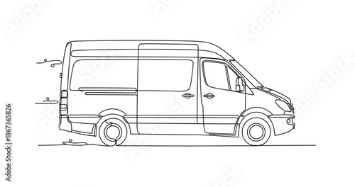 Line art of speeding cargo van in motion on white background, no editable stroke