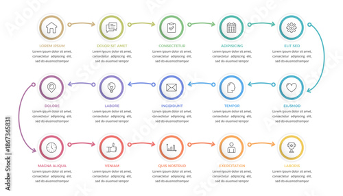 Business workflow, timeline or process infographic template with 15 steps connected by arrows