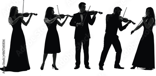 Elegant violin orchestra musicians silhouette performing classical music, showcasing teamwork, harmony, artistic expression, live concert atmosphere, and professional string ensemble concept