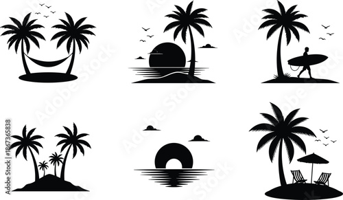Beach, tropical, silhouette, palm, tree, sunset, hammock, surfboard, island, birds, ocean, vacation, summer, chairs, umbrella, graphic, vector, nature, peaceful, travel, scenery, relax