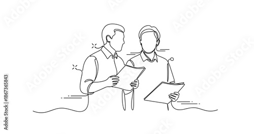 Line art illustration of two caucasian male adults discussing documents, no editable stroke