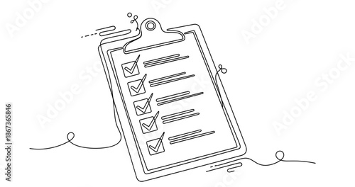 Minimalist line art checklist on clipboard with checkmarks, no editable stroke