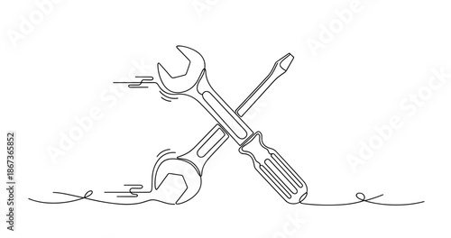 Minimalist wrench and screwdriver design in continuous line art, no editable stroke