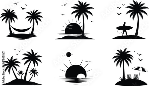 Beach, tropical, silhouette, palm, tree, sunset, surfboard, hammock, island, birds, ocean, vacation, summer, chairs, umbrella, graphic, vector, nature, peaceful, travel, scenery, relax