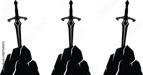 Fantasy sword in stone silhouette set, legendary medieval blades embedded in rock, black mythical weapon icons isolated on white background for game and concept design