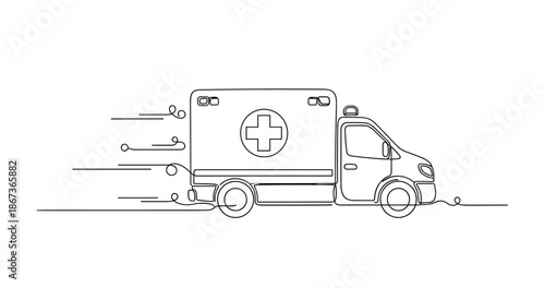 Continuous line drawing of ambulance in motion with emergency symbols, no editable stroke