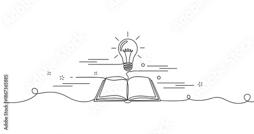 Open book with light bulb: symbol of knowledge and innovation, no editable stroke