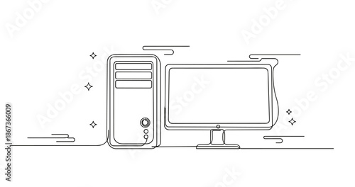 Minimalist line drawing of desktop computer with monitor and tower, no editable stroke