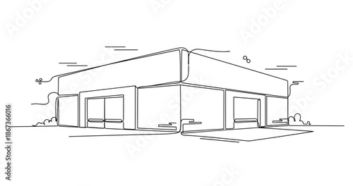 Minimal line drawing of a modern building exterior, no editable stroke