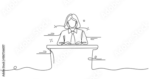 Line art of young caucasian female writing at desk, no editable stroke