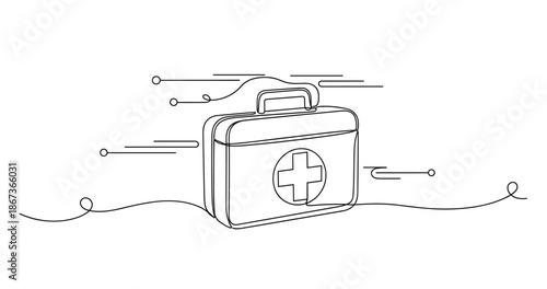 Continuous line drawing of first aid kit with medical cross icon in motion, no editable stroke