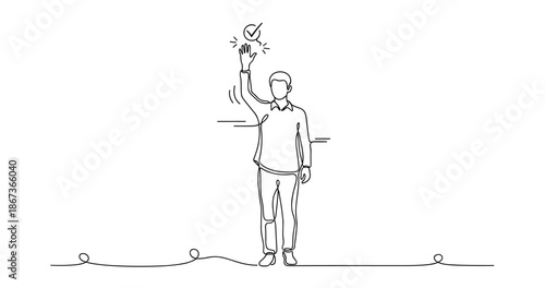 Continuous line drawing of young caucasian male raising hand with checkmark, no editable stroke