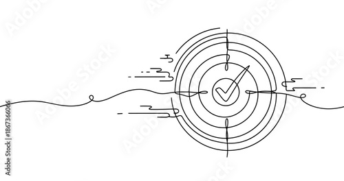 Continuous line art of target with check mark symbolizing success and achievement, no editable stroke