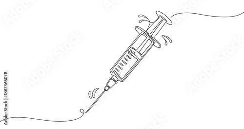 Black and white illustration of a syringe with fluid motion lines, no editable stroke