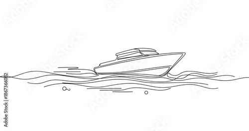 Minimalist line drawing of a speedboat on wavy water, no editable stroke