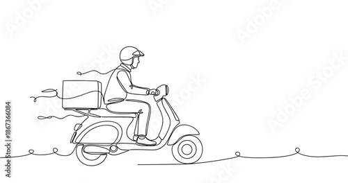 Continuous line drawing of male scooter delivery driver with box, no editable stroke
