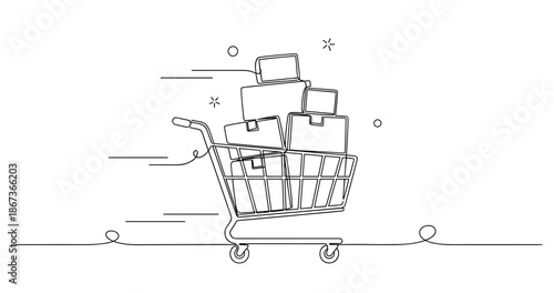 Shopping cart illustration with moving boxes symbolizing fast delivery, no editable stroke