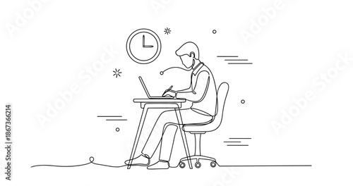 Continuous line art of young caucasian male working on laptop at desk, no editable stroke