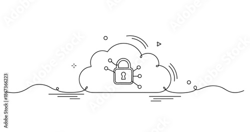Cloud security concept with lock icon and network connections, no editable stroke