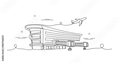 Modern airport terminal with airplane taking off in minimalist line art, no editable stroke