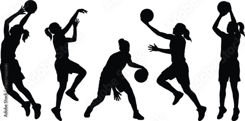 Female basketball player silhouettes in jumping, shooting, and dribbling action poses, showcasing athletic power, teamwork, competition, sports training, and dynamic women fitness concept