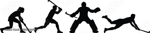 Field hockey player silhouettes in dynamic action poses, illustrating teamwork, speed, competition, athletic skills, professional sports training, and outdoor game movement concept