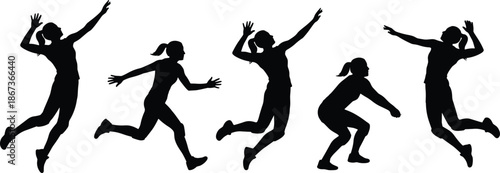 Female volleyball player silhouettes in jumping, spiking, and defensive action poses, highlighting teamwork, athletic power, competition, professional 