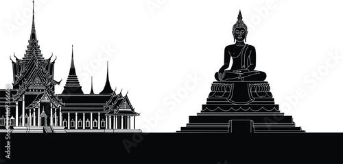 Thailand, temple, Buddha, silhouette, architecture, spiritual, religion, meditation, statue, cultural, Asian, sacred, peaceful, traditional, Thai, , ornate, heritage, worship, graphic, vector, design