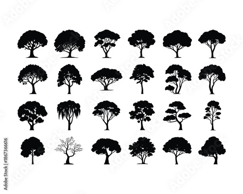 black silhouettes of various trees on white background