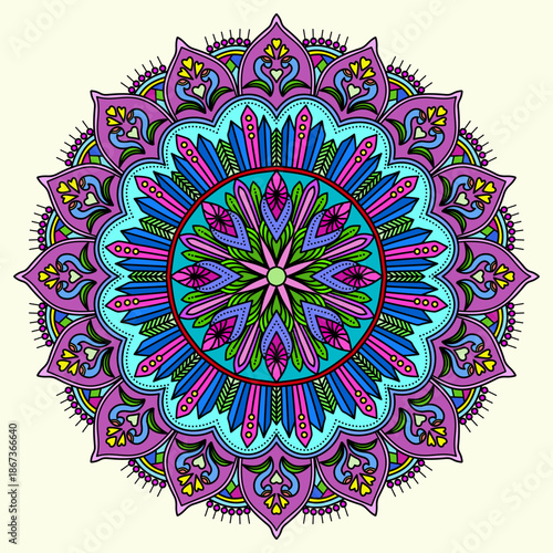 ornamental round pattern, Vibrant mandala artwork showcasing intricate patterns in vivid colours, ideal for decoration and artistic inspiration, vector illustration. Islam, Arabic, Indian, Moroccan