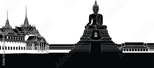 Thailand, temple, Buddha, silhouette, architecture, spiritual, religion, meditation, , Asian, sacred, peaceful, traditional, Thai, landmark, ornate, heritage, worship, graphic, vector, design
