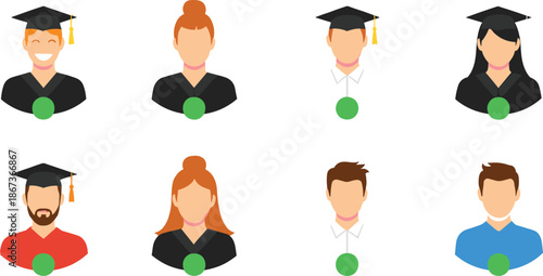 Graduation Avatar Icons Set with Male and Female Students, Academic Caps, Diplomas, Flat Vector Portrait Collection