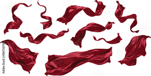 Flowing red silk fabric collection with elegant ribbon waves, realistic cloth motion elements isolated on white background for luxury, fashion and design use