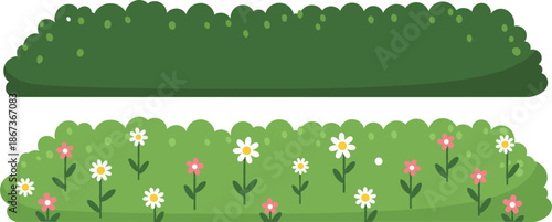 Green Garden Bush and Flower Hedge Border Set for Nature Landscape Decoration Flat Vector Illustration