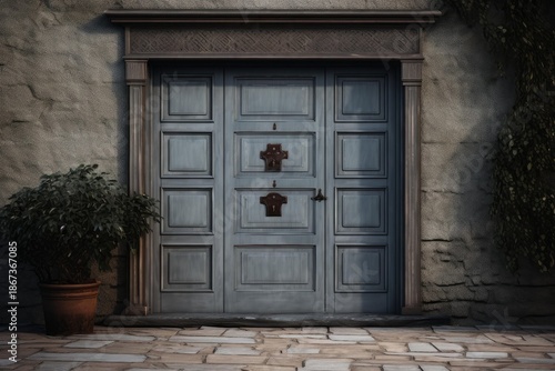 Vintage entrance door with unique iron knockers set in an old stone building with potted plant