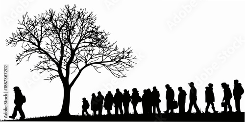 Silhouette of people walking under a tree