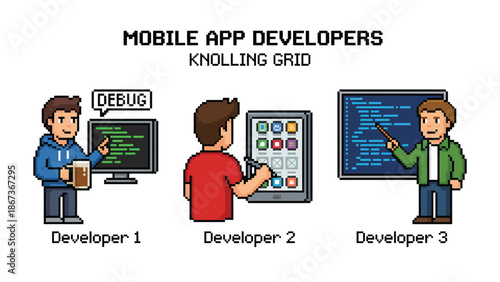 Cartoon Illustration of Mobile App Developers with Knolling Grid Style