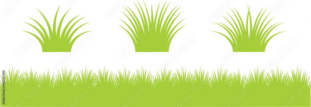 Obraz premium Green Grass Silhouette Border and Bush Elements Collection for Nature Landscape Design Flat Vector Illustration