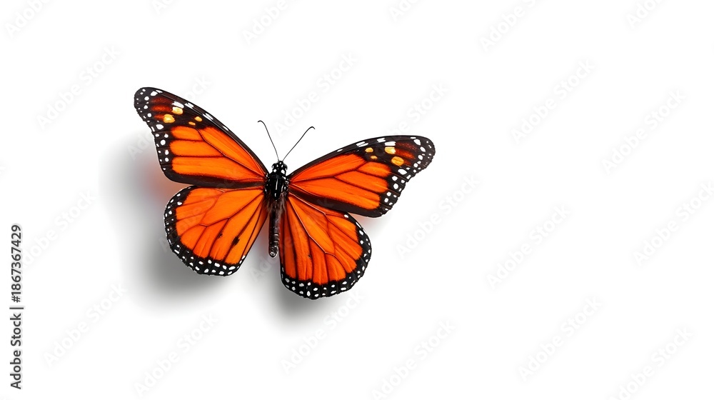 Obraz premium Detailed close up of a monarch butterfly displaying its intricate orange black and white wing patterns isolated on a clean white surface with a subtle shadow