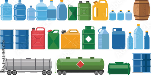 Industrial liquid containers vector illustration set featuring water bottles, fuel cans, chemical barrels, tanks, and transport cisterns isolated on white background for logistics and industry design